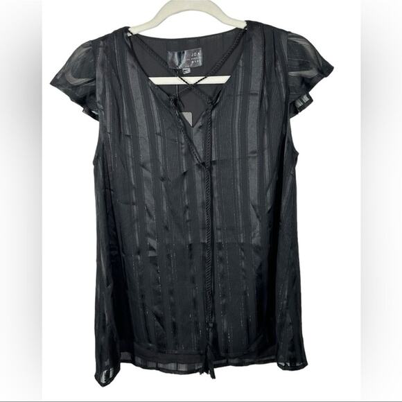 J.O.A Cap Sleeve Black Metallic Shimmer Tie Neck Blouse NWT size XS - Picture 11 of 12